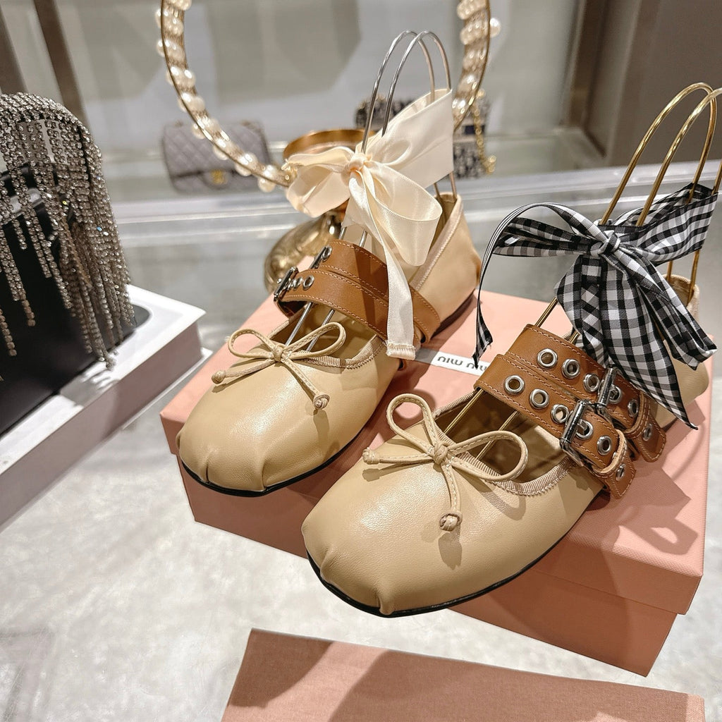 MIUMIU 26S SLINGBACK BALLET FLATS IN BEIGE CALFSKIN AND BROWN STRAP RIBBON