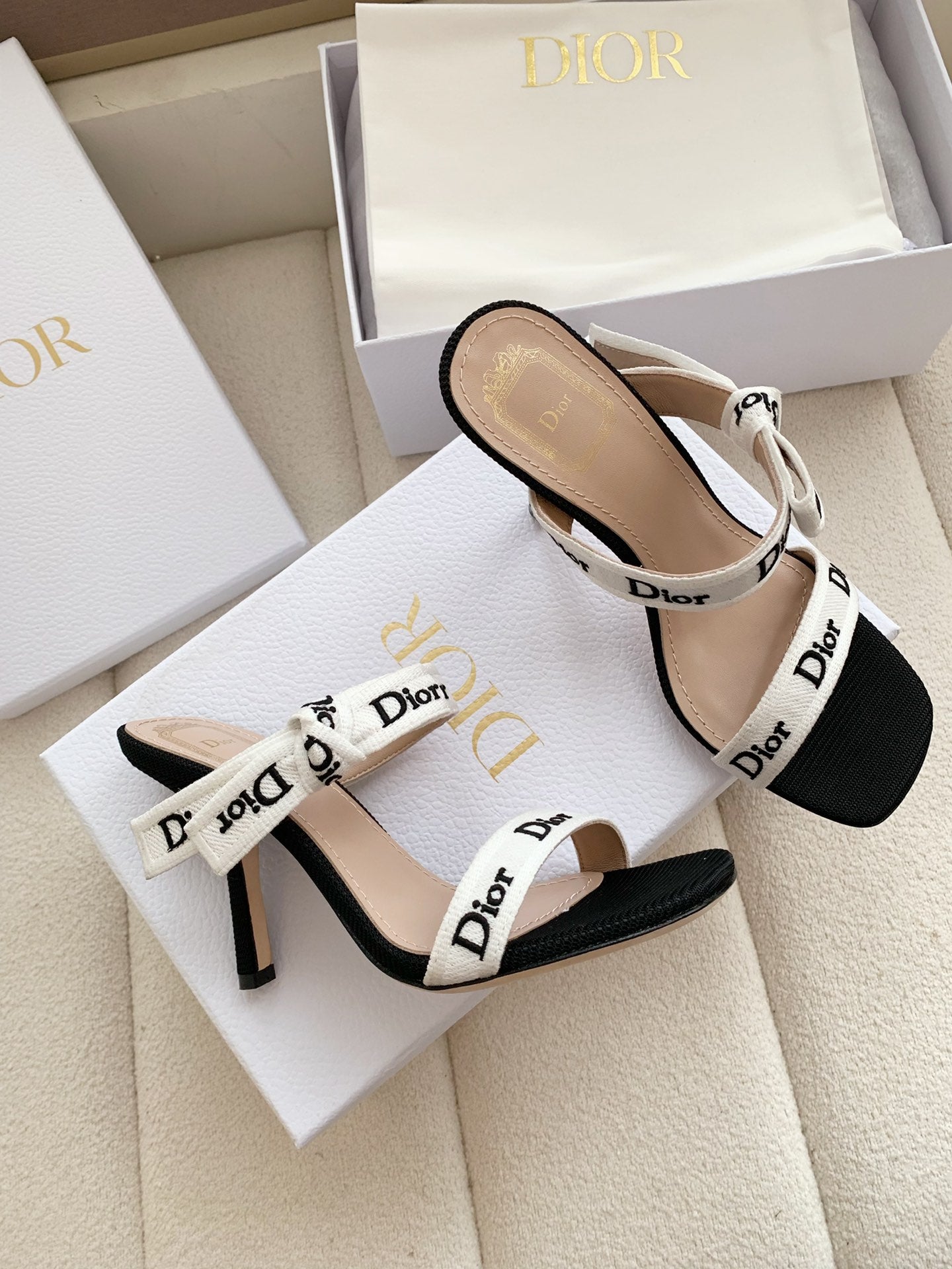 DIOR HEELED SANDALS 100MM WITH J'ADIOR STRAPS IN BLACK CALFSKIN