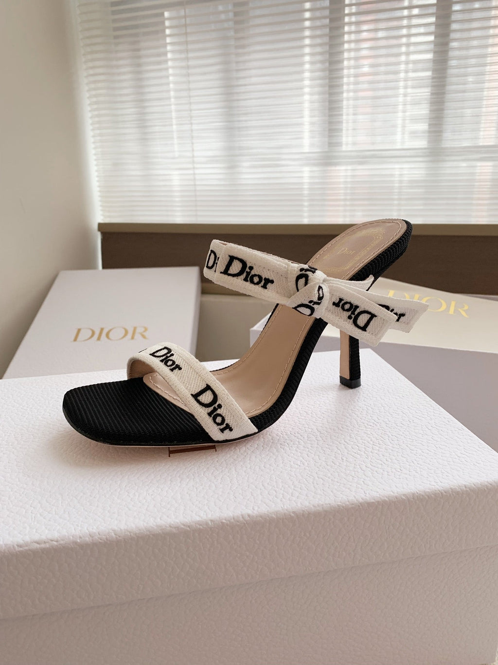 DIOR HEELED SANDALS 100MM WITH J'ADIOR STRAPS IN BLACK CALFSKIN