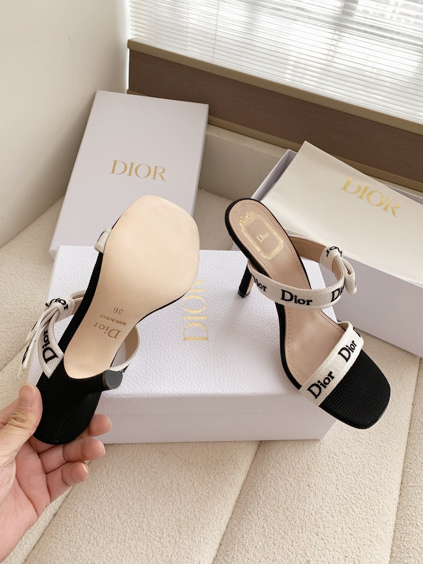 DIOR HEELED SANDALS 100MM WITH J'ADIOR STRAPS IN BLACK CALFSKIN