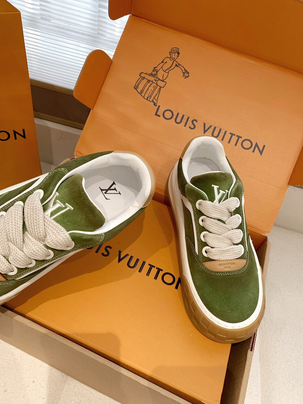 LV 26S TILTED SNEAKERS IN OLIVE GREEN SUEDE