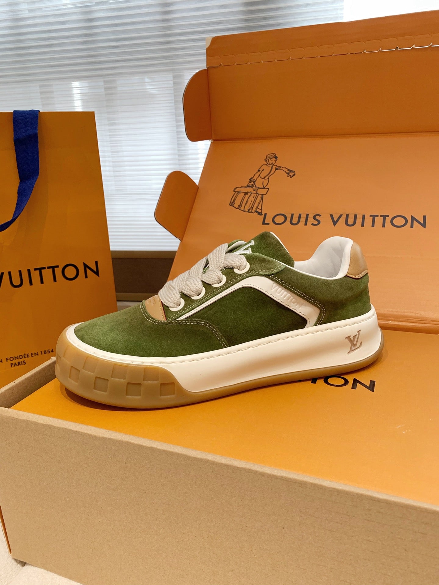 LV 26S TILTED SNEAKERS IN OLIVE GREEN SUEDE