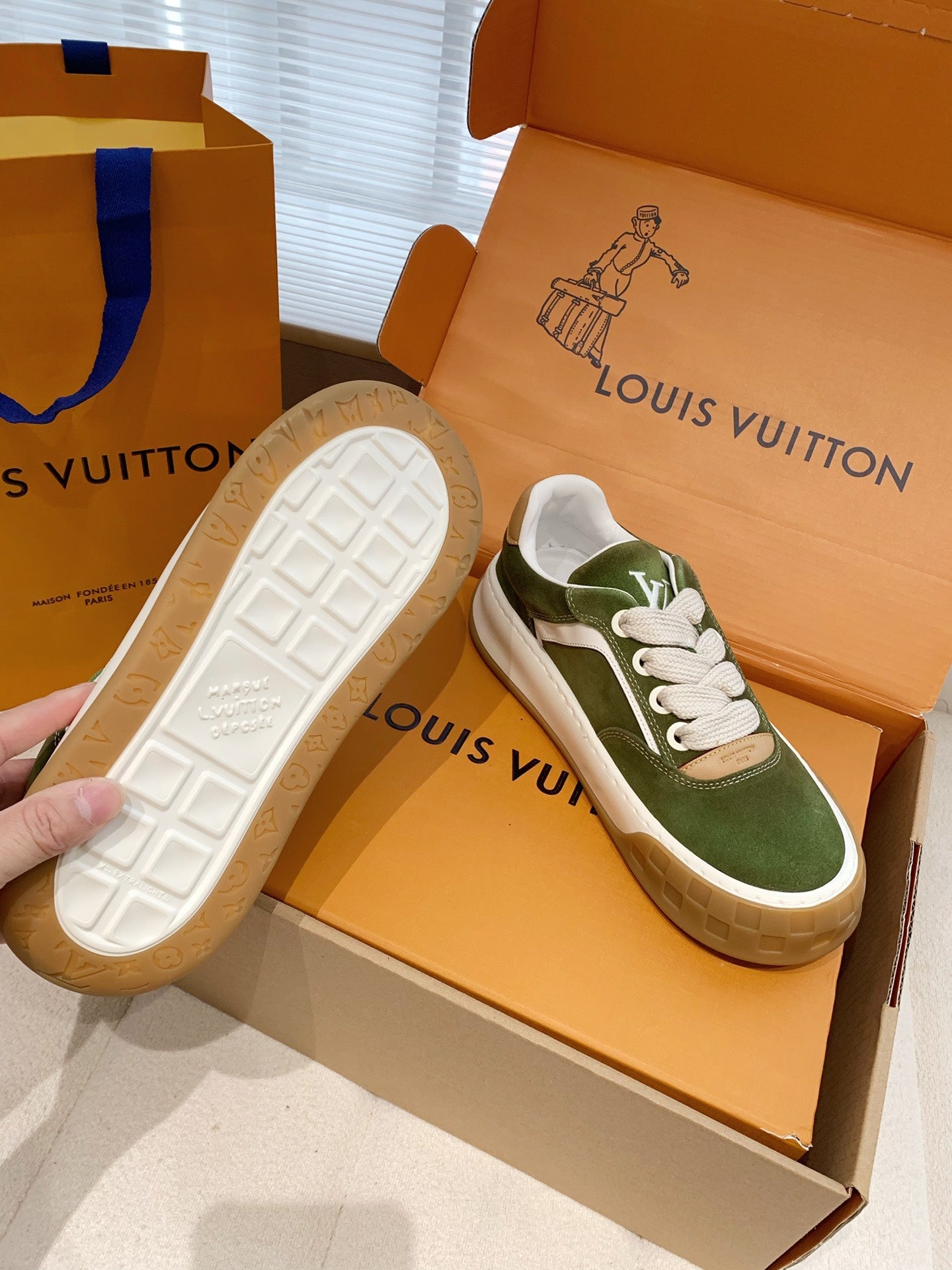 LV 26S TILTED SNEAKERS IN OLIVE GREEN SUEDE