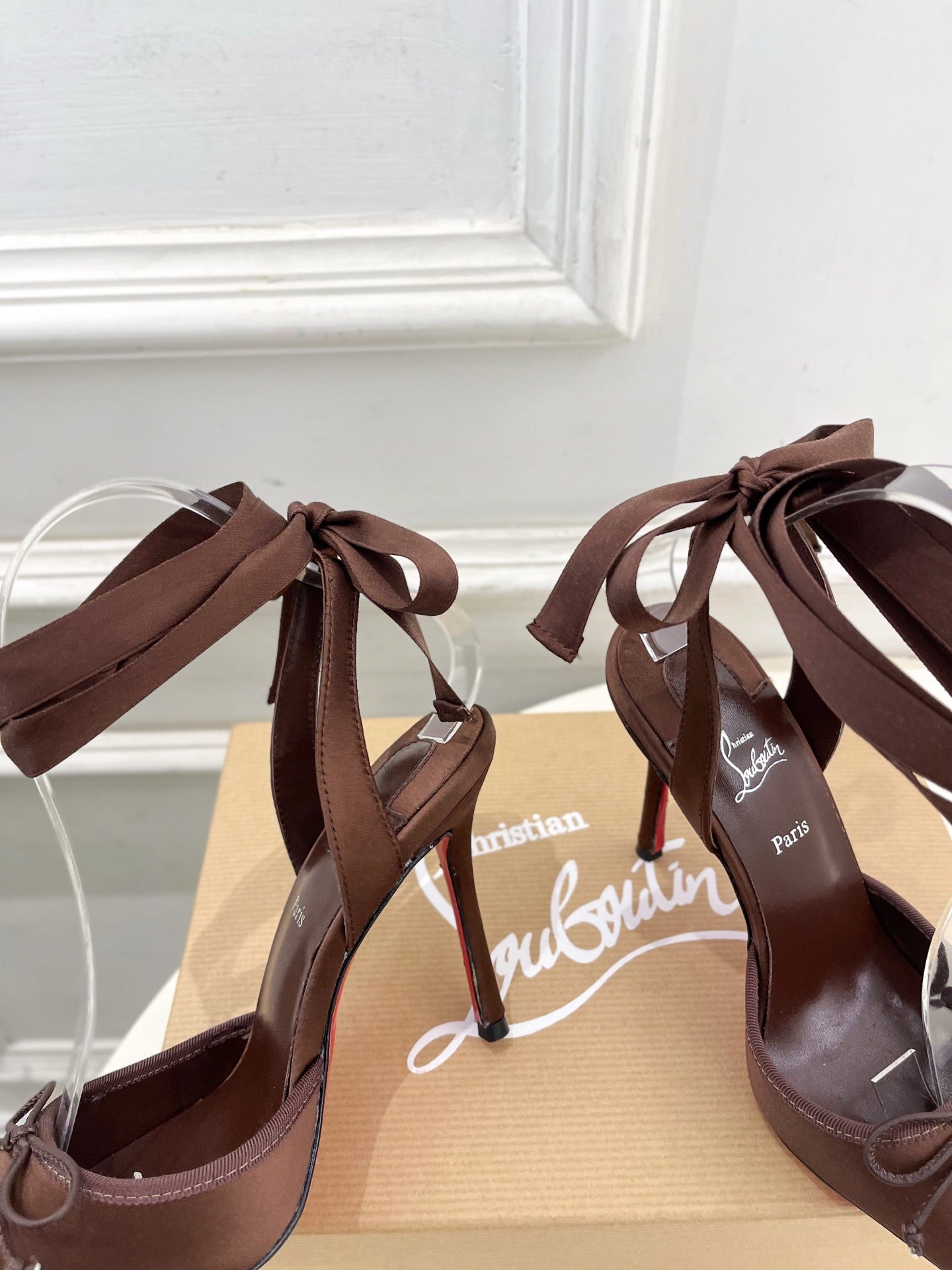 CASSIA LACE UP 100MM IN CHOCOLATE BROWN SATIN