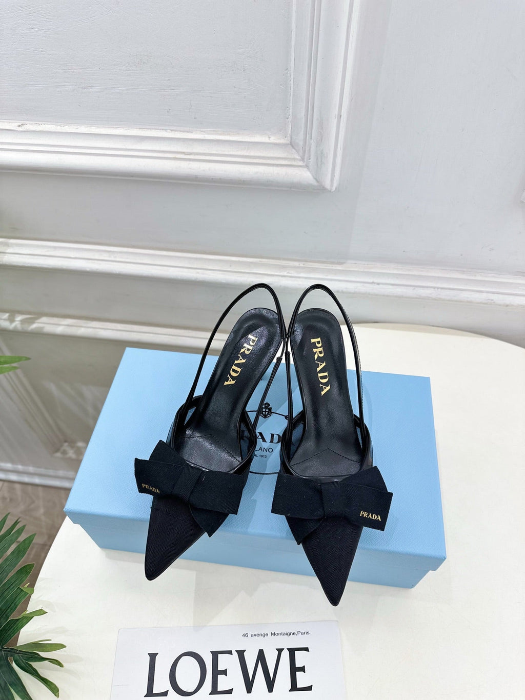 PRADA 26S POINTED-TOE SLINGBACK HEELS 75MM IN BLACK MESH WITH BLACK BOW