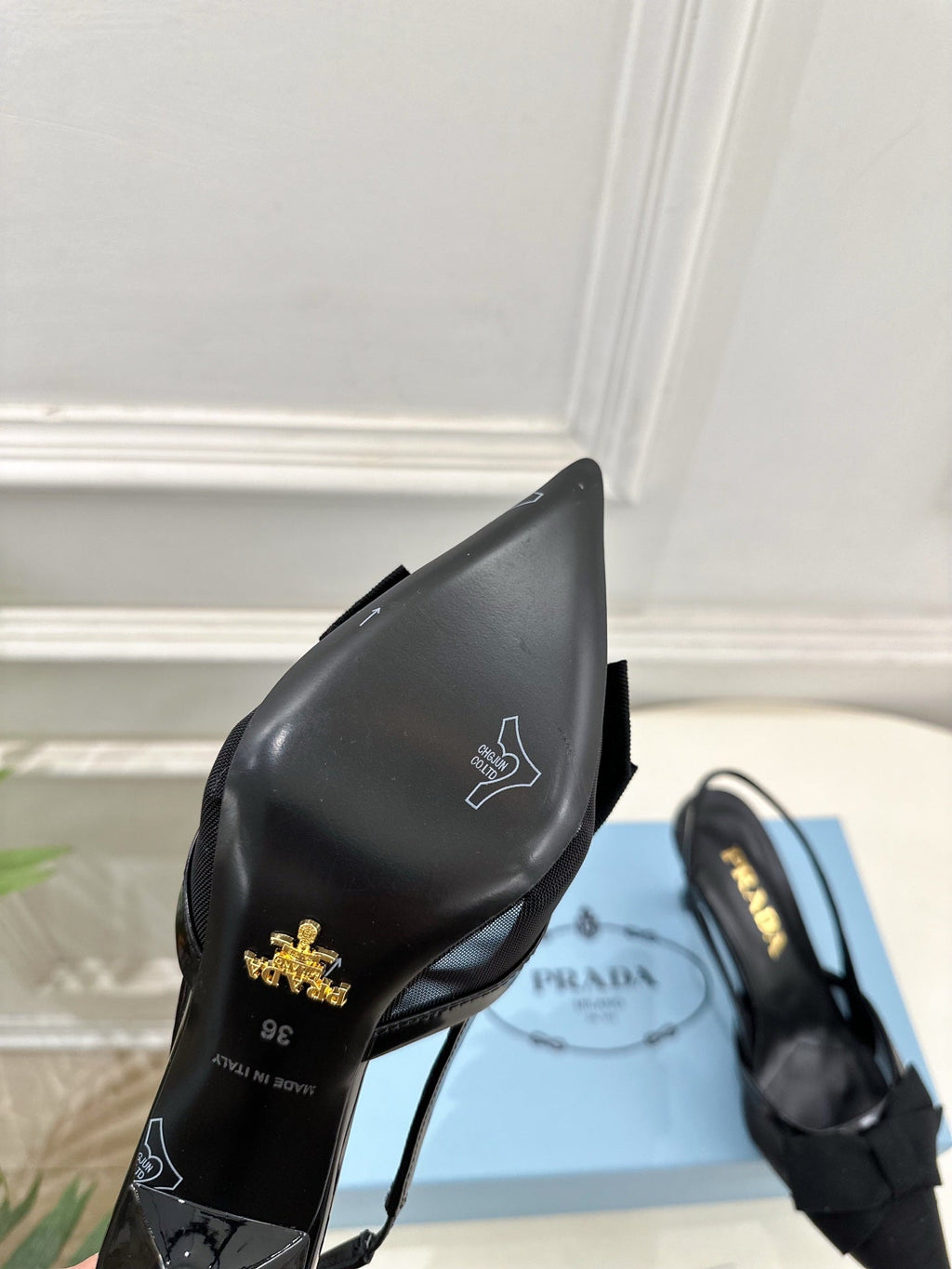 PRADA 26S POINTED-TOE SLINGBACK HEELS 75MM IN BLACK MESH WITH BLACK BOW