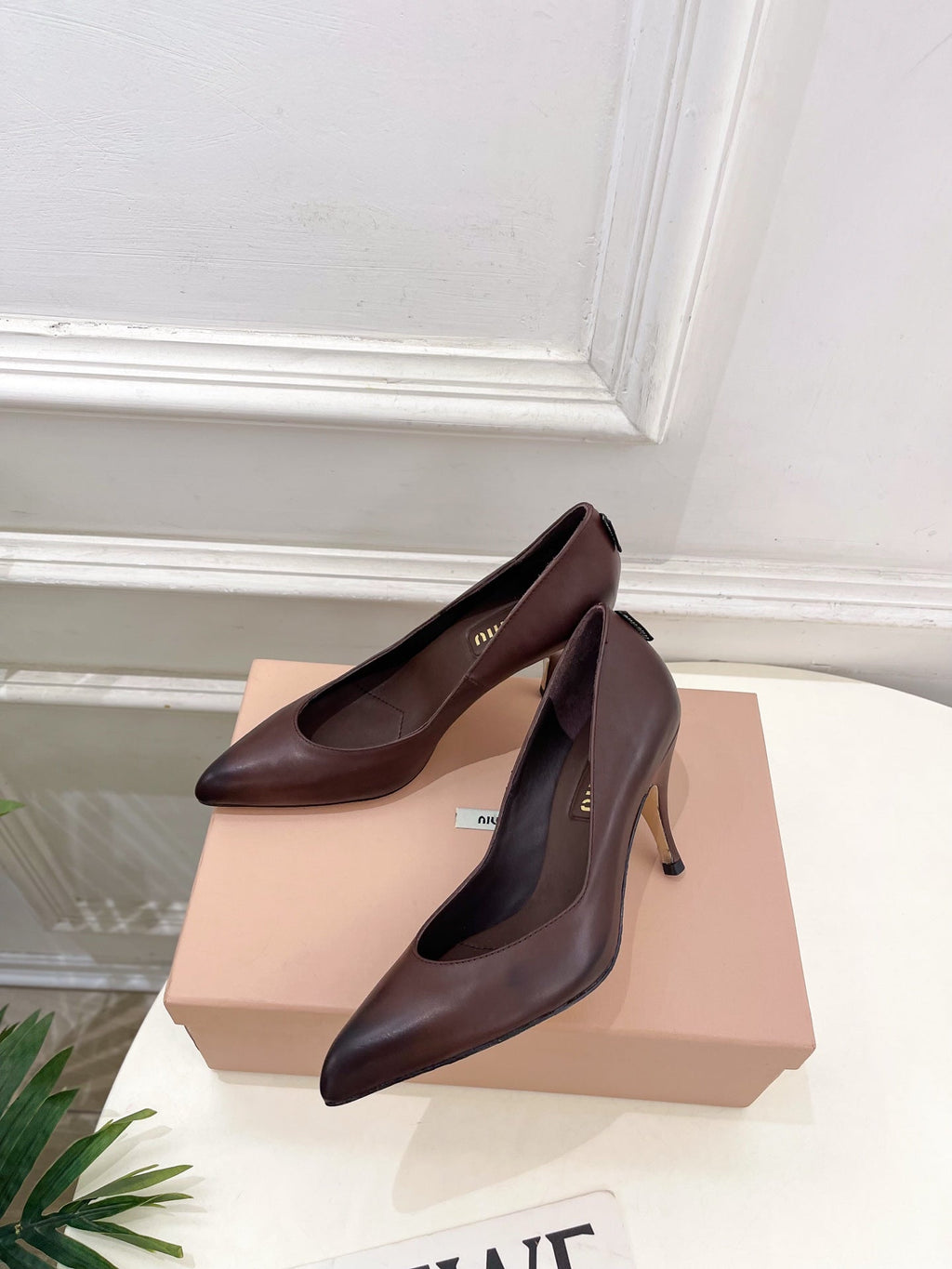 MIUMIU 26S POINTED TOE HIGH HEELS 85MM IN CHOCOLATE BROWN CALFSKIN