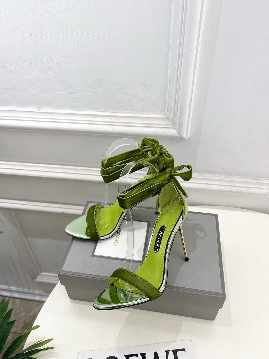 TOM FORD 26S HIGH-HEELED SANDALS 105 MM IN GREEN FABRIC AND CALFSKIN