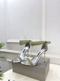 TOM FORD 26S HIGH-HEELED SANDALS 105 MM IN LIGHT GREEN FABRIC AND SILVER CALFSKIN