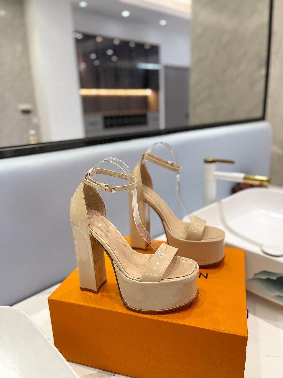 LV 26S HIGH HEEL SANDALS 145 MM IN BEIGE CALFSKIN