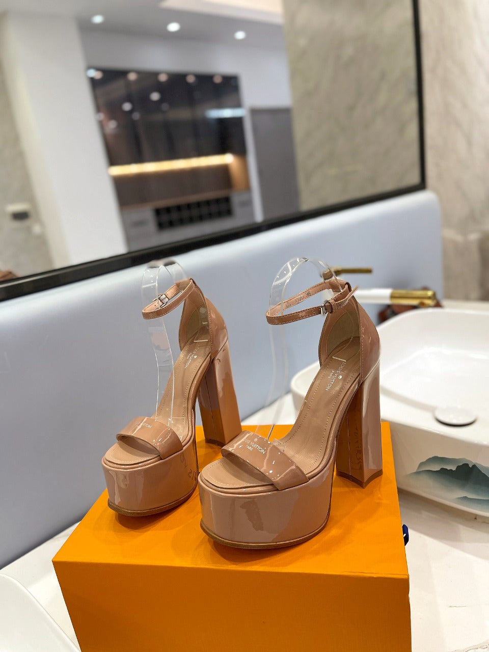 LV 26S HIGH HEEL SANDALS 145 MM IN NUDE PINK CALFSKIN