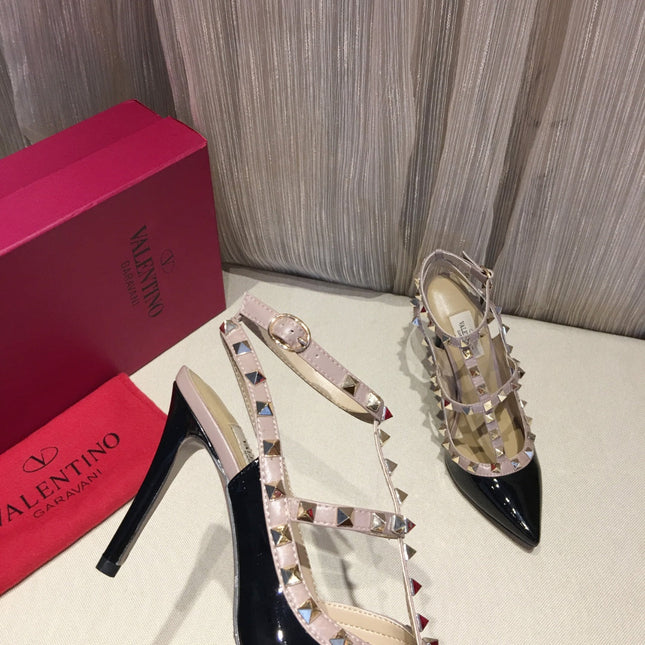 ROCKSTUD CAGED HIGH PUMP IN BLACK MIX LIGHT PINK PATENT CALFSKIN 100 MM