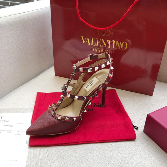 ROCKSTUD SANGRIA RED METALLIC CALFSKIN ANKLE STRAP HIGH SANDAL